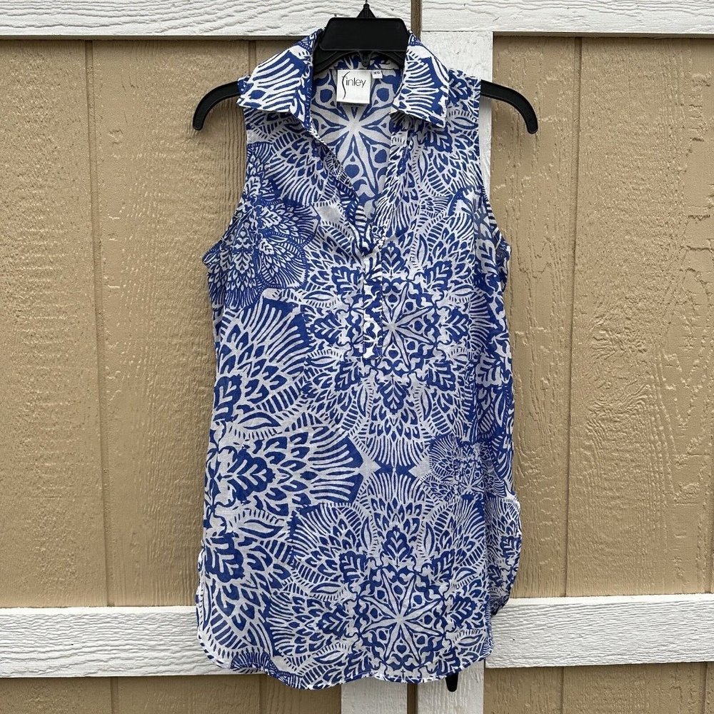 Finley Blue White Sleeveless Collared Popover Blouse Shirt Women’s Size XS USA